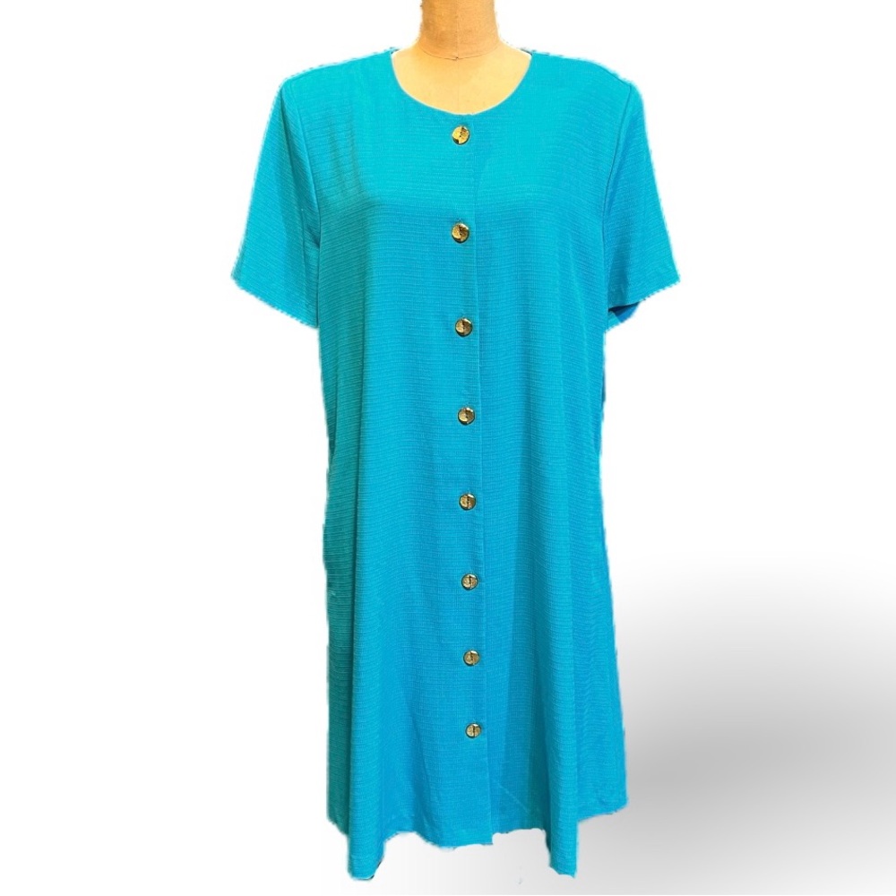 VINTAGE 80s swing dress midi turquoise teal gold buttons short sleeve a-line